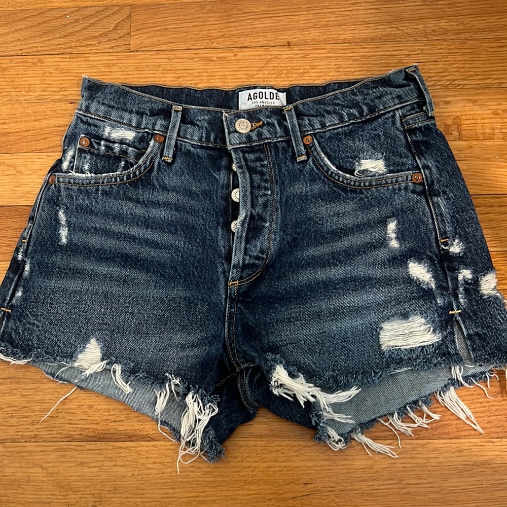 Agolde denim shorts. Dark wash